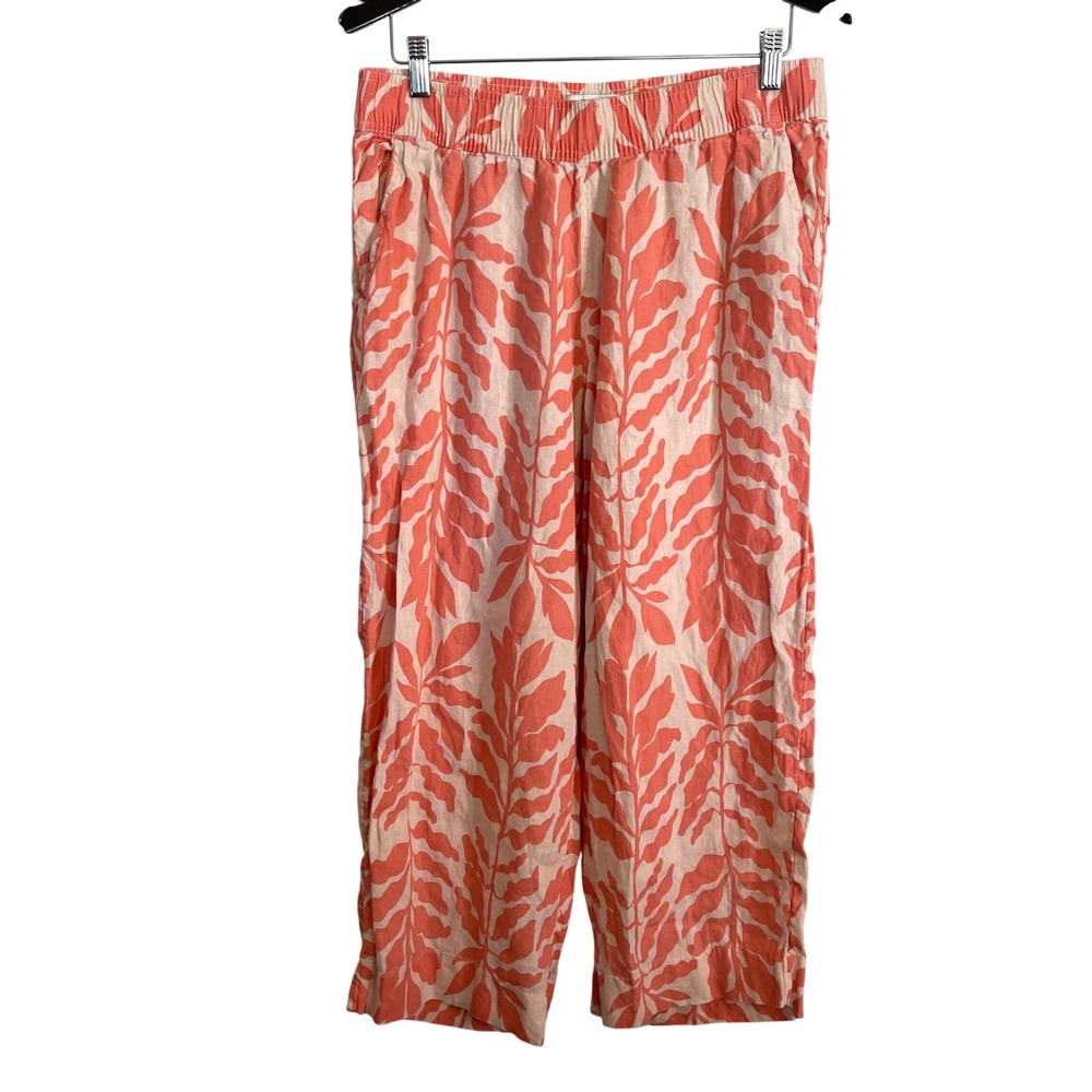 Rachel Zoe Womens Coral Tropical Leaf Print 100% Linen Wide Leg Cropped Pants L